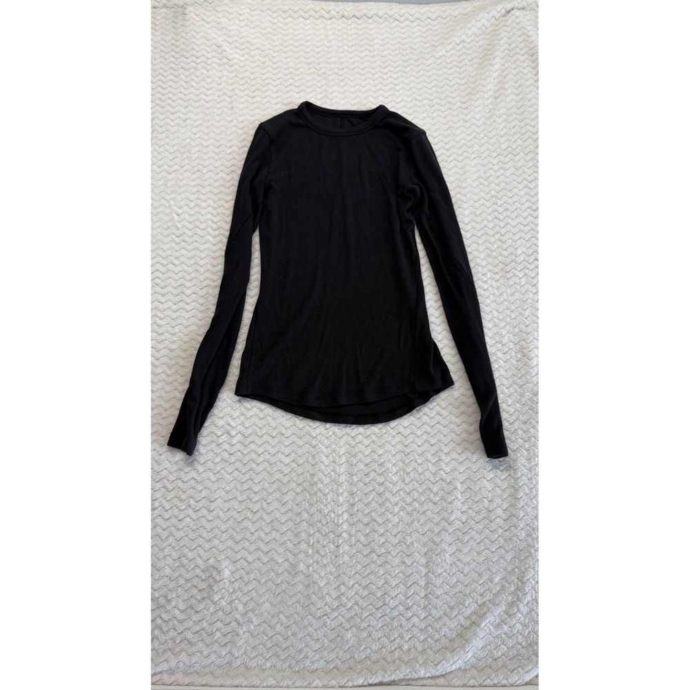 Lululemon Athletica Black Ribbed Knit Long Sleeve Crew Neck Curved Hem Top 4355